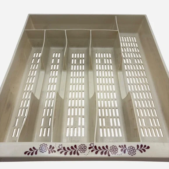 Vtg Cottagecore Silverware Drawer Tray Organizer 13x12 Cream Floral Maroon MCM
