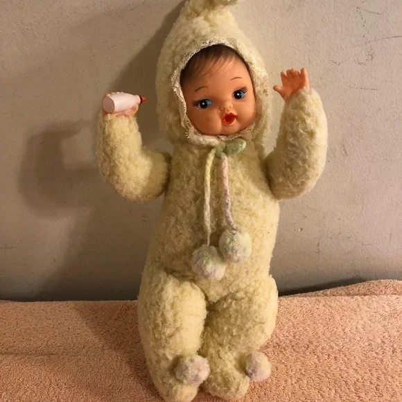 Vintage 13” Baby Doll With Bottle in Fleece Bunting