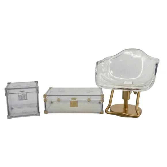 Rainbow High Doll Furniture Set Clear Acrylic Salon Chair and 2 Storage Trunks