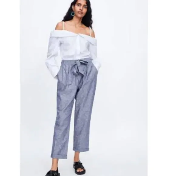 Zara‎ Blue Linen Blend Tie Waist Tapered Pants Womens Small High Rise Cuffed Hem