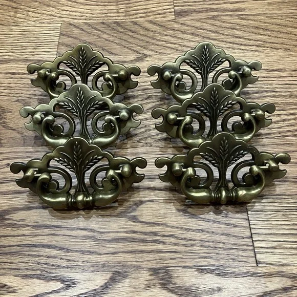 Set Of 6 Vintage Continental Brass Plated Drawer Pulls Wheat Pattern Salvaged