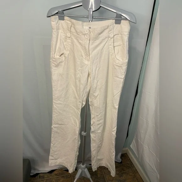 H&M Linen Blend Trousers Women 12 Cream Straight Leg Casual Summer Pants