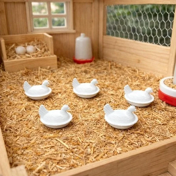 Set of 5 Vintage Style Hen on Nest – 1:12 Scale Dollhouse Miniature White