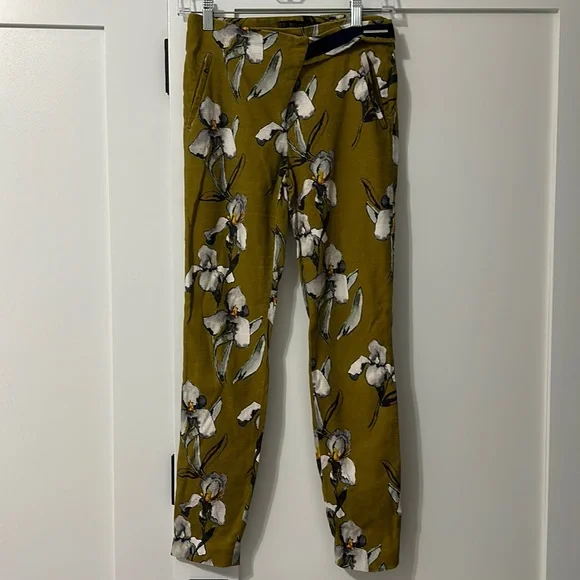 ZARA Mustard Yellow White Orchid Floral Linen Skinny Cigarette Pants