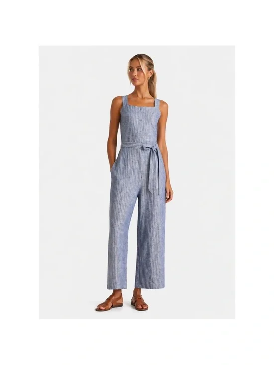 Quince Sleeveless Square Neck Blue European Linen Jumpsuit with Tie Waist S NWOT