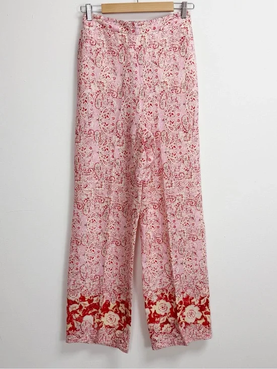 Zara Pants Womens Medium Pink Paisley Floral Linen Blend Pull On Stretch Waist