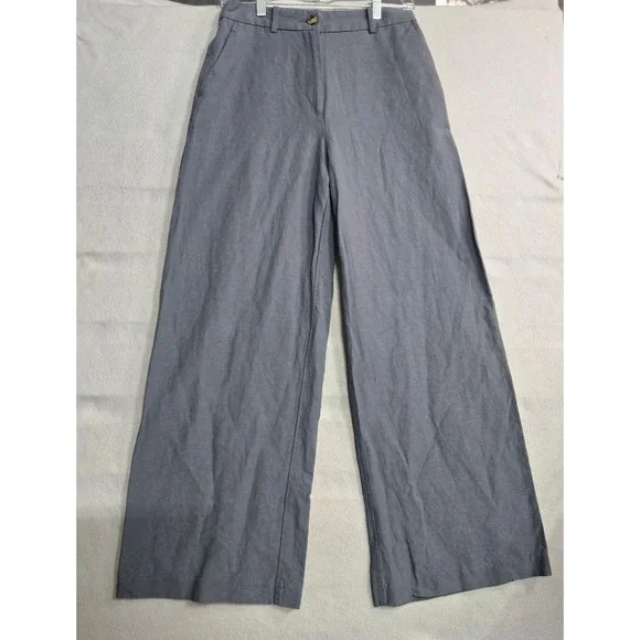 H&M Black Linen Blend Wide Leg Trousers High Waisted Pants Size US 4
