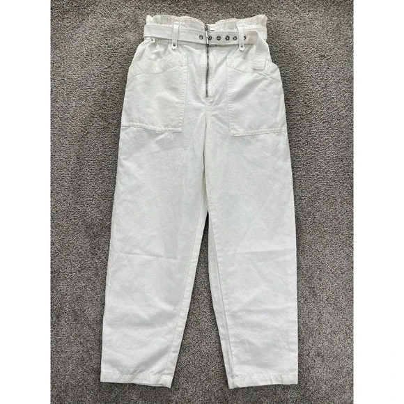 Banana Republic Linen Blend Pants‎ Womens 2 White High Rise Paper Bag Zip Belted