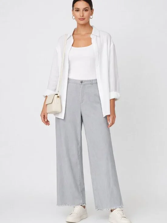 H&M Divided Light Gray Linen Blend Frayed-Hem Wide Leg Pants Back Pockets Size 6