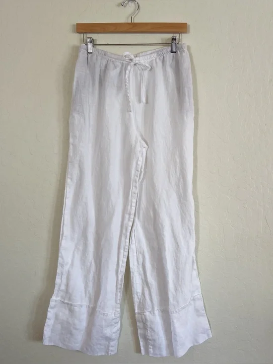 Zara 100% Linen Pull On Elastic Waist Cuffed Wide Leg Pants Medium White Beach