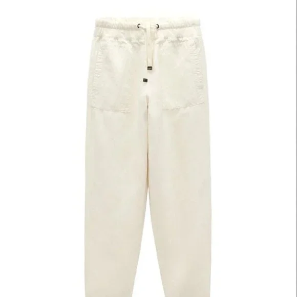 ZARA LINEN BLEND JOGGING PANTS BEIGE SIZE M 4877/052/712