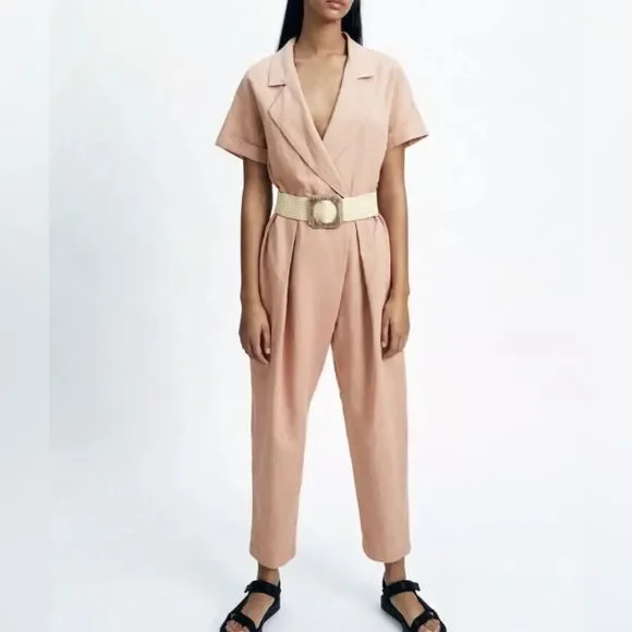 Zara Romper Women’s size Large pink NWT belted linen romper travel summer