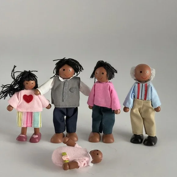 Lot Of 5 Wooden Dolls Poseable Kid Kraft Black Family Inc Baby Mom Dad Grandpa