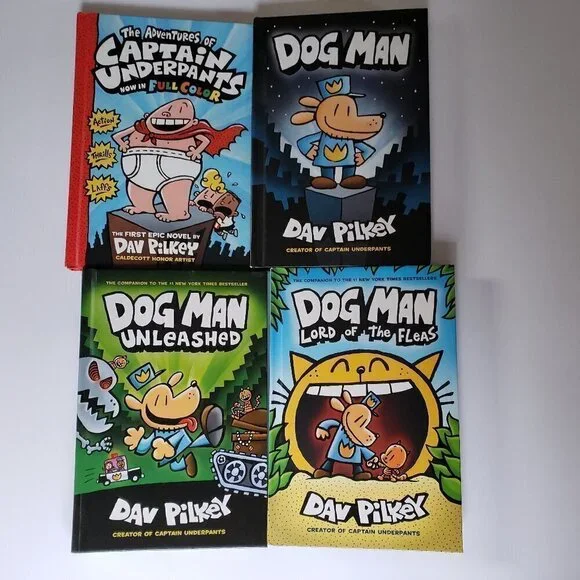 Lot of 4 Hardbound Kids Books By Author Dav Pilkey Dog Man + Captain Underpants