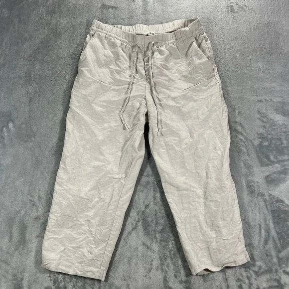 H&M Linen Blend Pants Womens Medium Beige Relaxed Drawstring Wide Leg