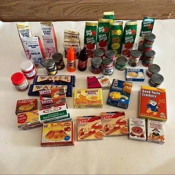 Lot 45 Vtg Pretend Play Food Mini Boxes Cans Coca Cola Progreso Milk Pizza Pasta