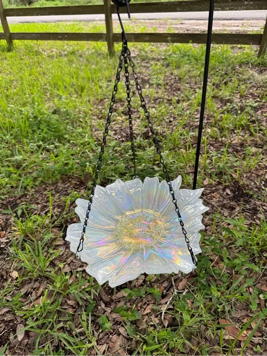 Sold Iridescent Hanging Glass Bird Bath / Feeder