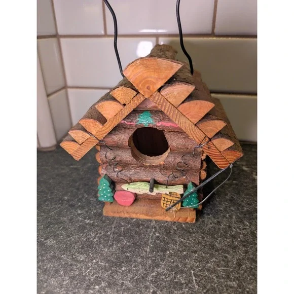 Handmade Rustic Log Cabin Birdhouse Wood Fishing Lodge Decor with Wire Hanger