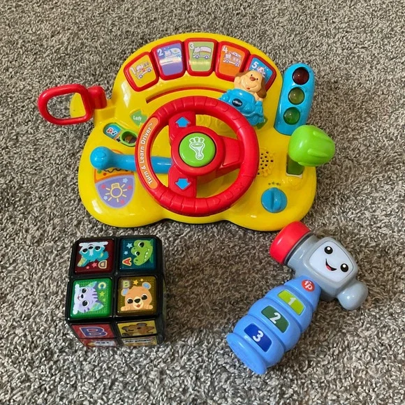 VTech & Fisher-Price Interactive Learning Toy Bundle Driver Animal Cube Hammer