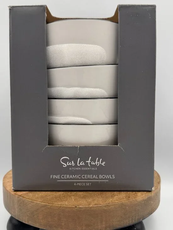 Sur La Table Kitchen Essentials Fine Ceramic Cereal Bowls White Black Rim Set 4