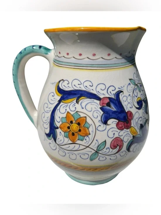 VTG Sur La Table Italian Ceramic Pitcher Hand Painted Blue Floral Majolica Vase