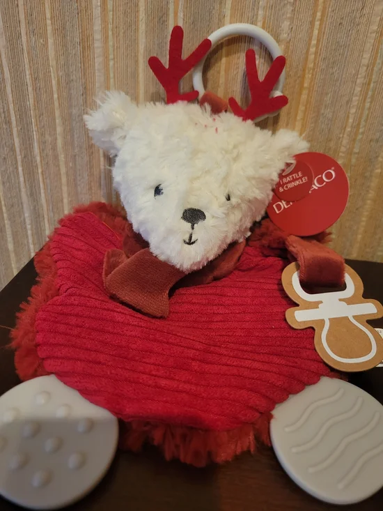 Demdaco Red and Cream Reindeer Plush Teether Lovey NWT