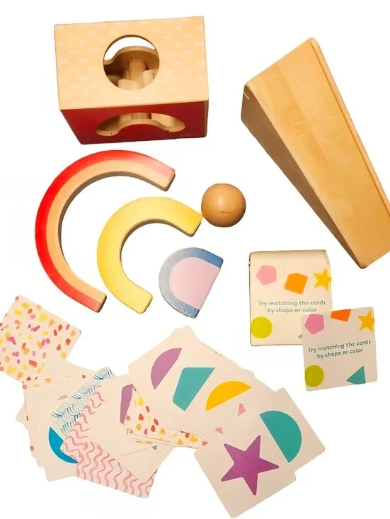 KiwiCo Panda Crate Wooden Montessori Rainbow Toys, Ramp, & Shape Matching Cards