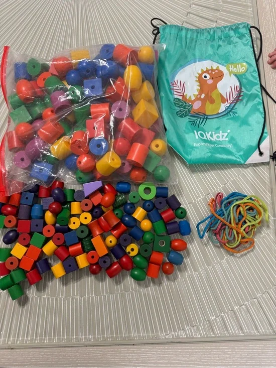 Bulk IQKidz Wooden Lacing Beads Lot + Strings & Dinosaur Storage Bag
