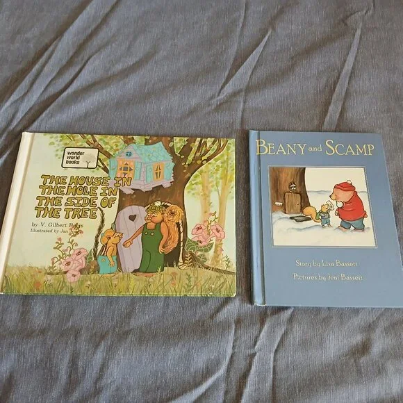 Beany and Scamp by Bassett + House in the hole in the side of the tree by Beers