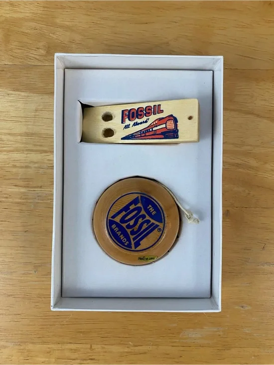 Vintage Fossil Wooden Yo-Yo and Whistle Set
