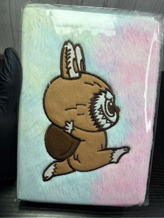 Cute Pastel Plush Labubu Journal/Notebook with Cute Brown Embroidered Character