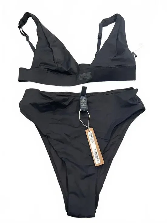 SKIMS SWIM PLUNGE BIKINI TOP & SWIM MID WAIST BOTTOM-SET in Onyx