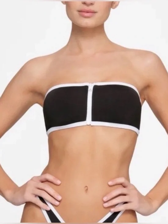 SKIMS Sporty Zip Front Bandeau Bikini Top Onyx White XXS NWT
