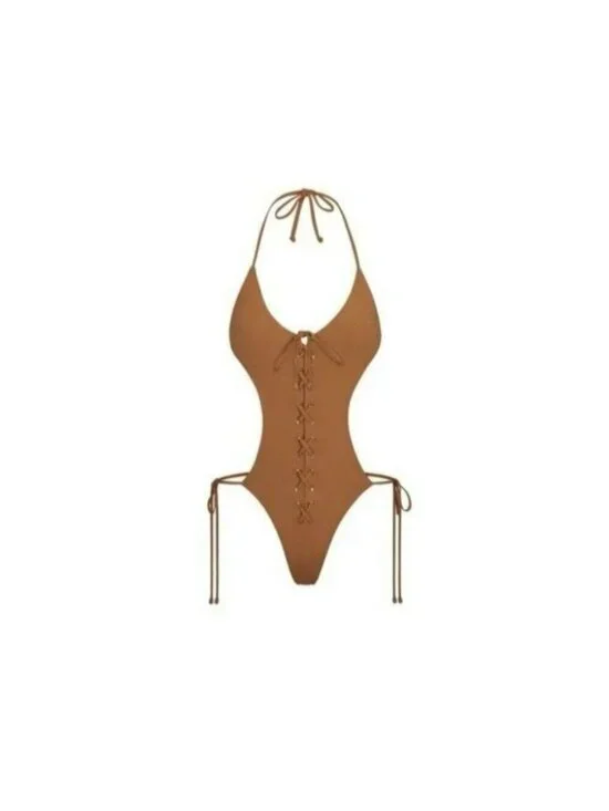 NWT Skims Signature Swim Lace Up Monokini Almond Large Sustainable