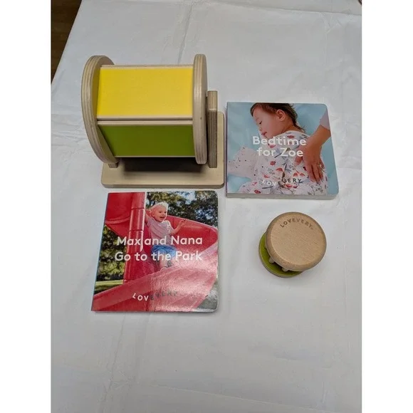 Lovevery Montessori Wooden Spinning Rainbow Drum & Rattle‎ Shaker, 2 Board Books