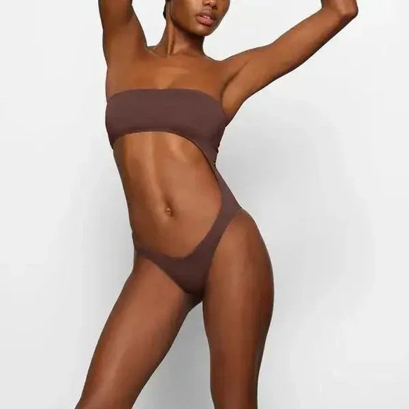 SKIMS Swim Strapless Cut Out Monokini Swimsuit in Cocoa Brown, Size 3X, NWT