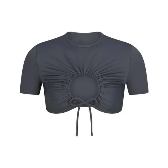 SKIMS Recycled Swim Ruched T-Shirt in Gunmetal Grey Crop Top, Size XXS NWT
