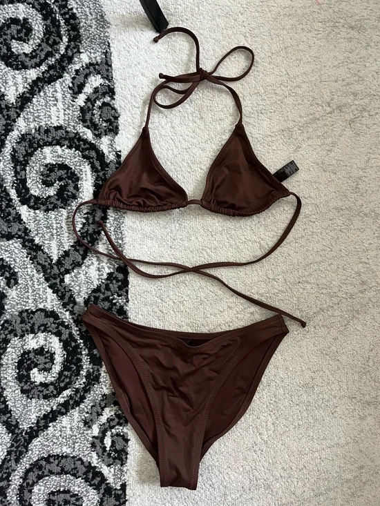 SKIMS Bikini Set Coco Brown Triangle Tie Top w/ Minimal Coverage Bottom Small