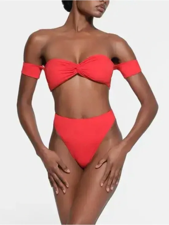 Skims 2Pc SET Twisted Off-Shoulder Bikini Top & Mid Waist Bottoms Ruby Red M