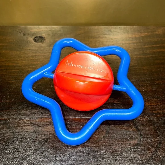 Vintage Johnson & Johnson Red blue Yellow Star Ball Rattle Star Toy‎ 1980's