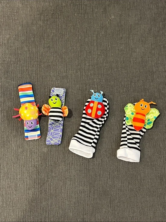 Like New Set of 4 Baby Wrist and Foot Rattles with Colorful Bug Designs