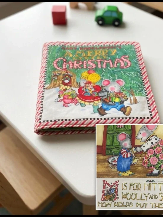 Mary Engelbreit Holiday Green Red Mouse Book Plate Fabric Kids Nursery Book 10”