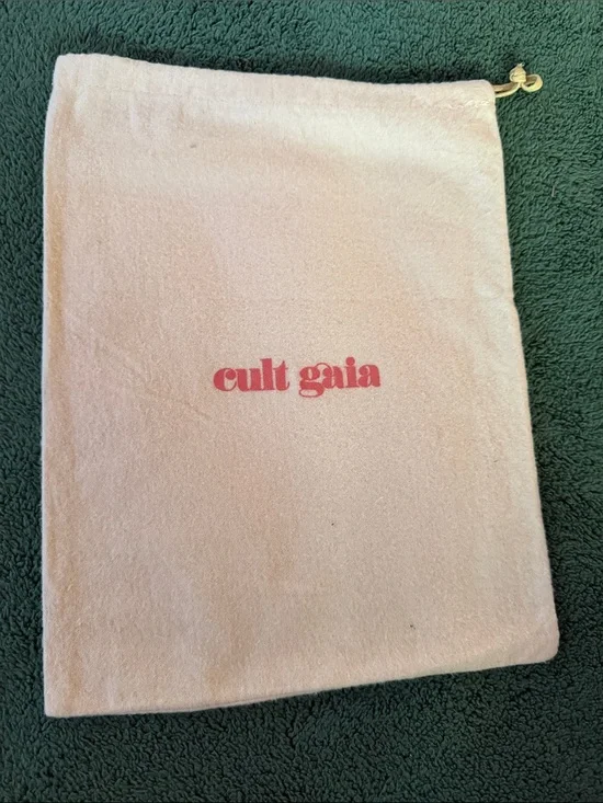 cult gaia blush pink drawstring dust pouch with red logo
