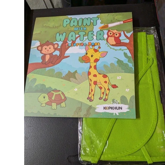 Kopkhun Paint With Water Coloring Book Jungle Animals with Green Apron Set NEW