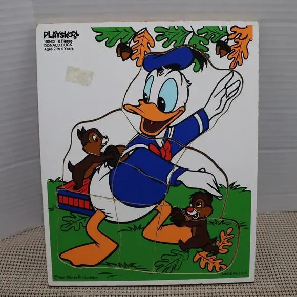 Vintage Playskool Disney Donald Duck & Chip 'n' Dale Wooden Puzzle 8 Pcs USA