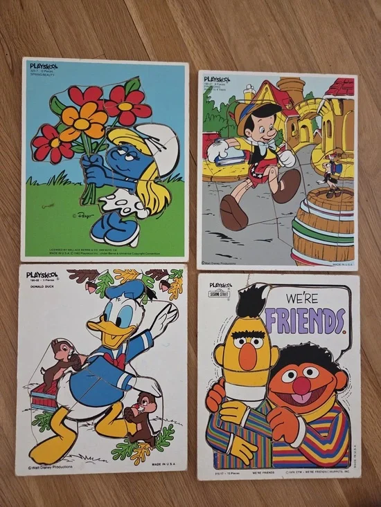 Vintage Playskool Wood Puzzle Lot (4) 1970-80s - Smurfs, Sesame Street, Disney