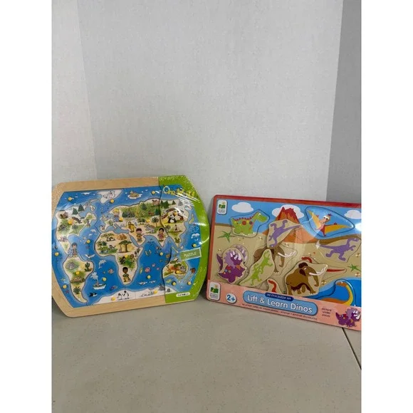 Wooden Puzzle Lot Beleduc One World Map 21pc & Learning Journey‎ Dino 8pc NEW