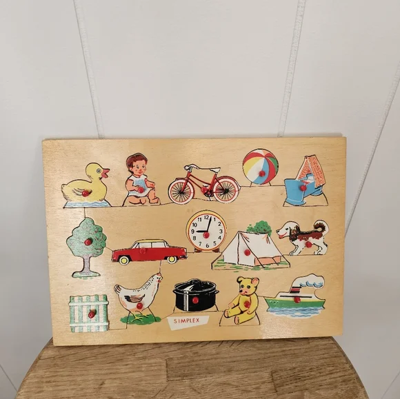 Vintage Mid Century Simplex Wooden Puzzle with Colorful Illustrations