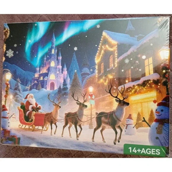 1000 Piece Christmas Winter Castle Puzzle Santa & Elk Northern Lights New Sealed