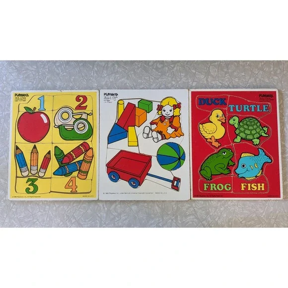 Vintage Playskool Wood Tray Puzzle Lot 1980s Counting Animals Toys Set of 3
